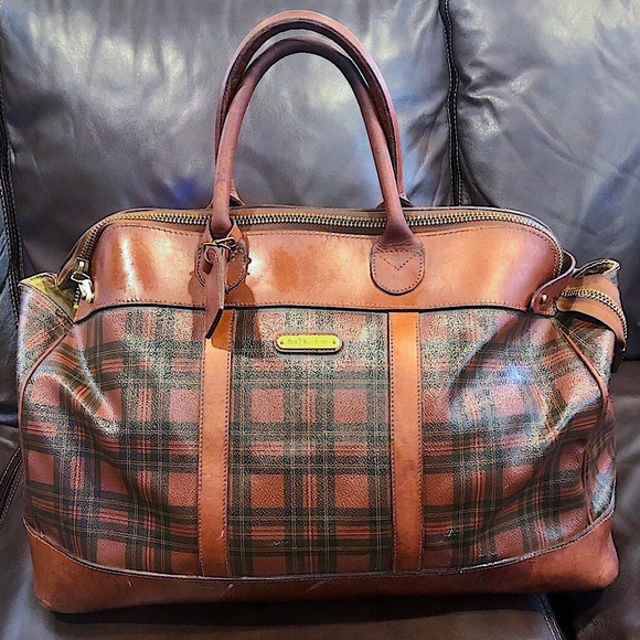 RALPH LAUREN Tartan Plaid Red Brown Boston Weekend Travel Doctor’s Bag 55cm - Picture 17 of 17